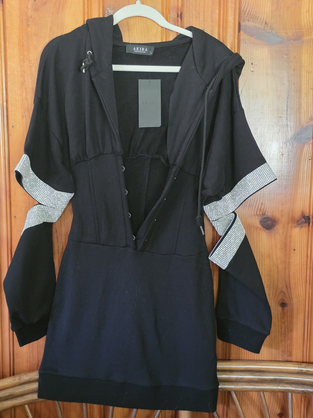 AKIRA Black Hooded Pullover with Corset Front and Rhinestone Trim - Picture 3 of 16